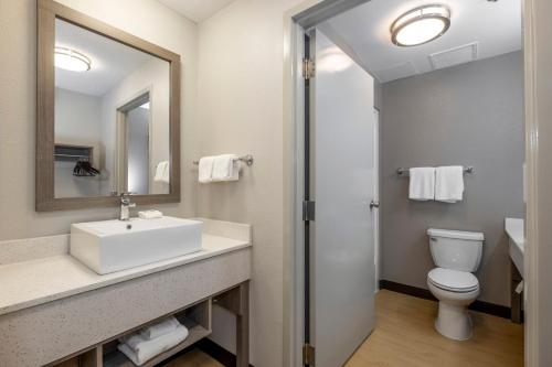 a bathroom with a sink and a toilet and a mirror at Red Roof Inn PLUS Boston - Mansfield - Foxboro in Mansfield