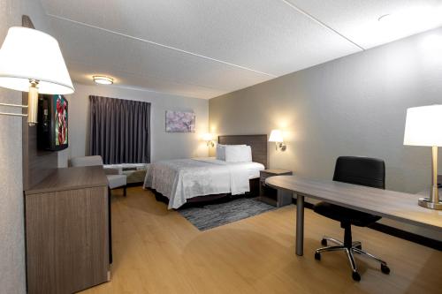 a hotel room with a bed and a desk at Red Roof Inn PLUS Boston - Mansfield - Foxboro in Mansfield