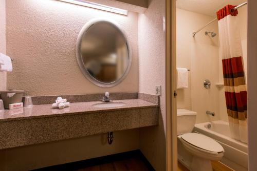 a bathroom with a sink and a toilet and a mirror at Red Roof Inn Fairmont in Fairmont