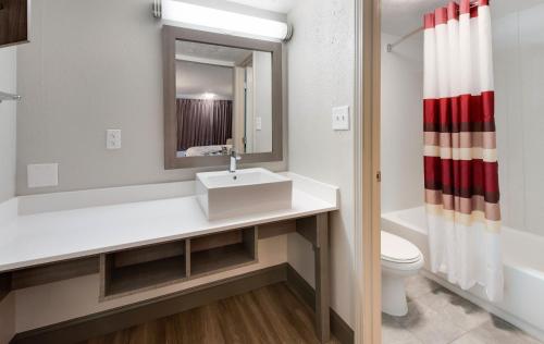 a bathroom with a sink and a toilet and a mirror at Red Roof Inn Dayton - Moraine/U of Dayton in Dayton