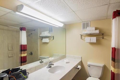 y baño con lavabo, aseo y espejo. en Red Roof Inn Lubbock, en Lubbock