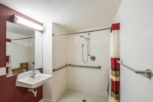 a bathroom with a sink and a shower at Red Roof Inn Rochester - Airport in Rochester