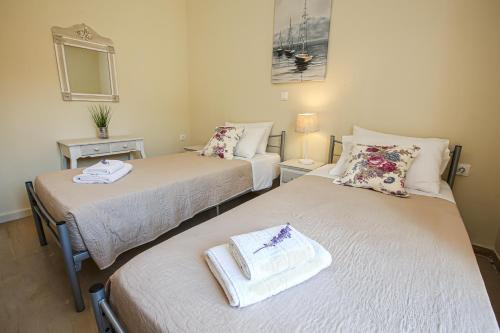 two beds in a room with a mirror at Navigator Villas - Houses in Acharavi