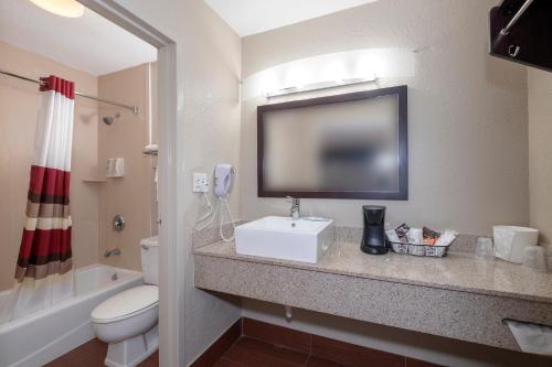 a bathroom with a television and a toilet and a sink at Red Roof Inn PLUS+ St. Augustine in Saint Augustine
