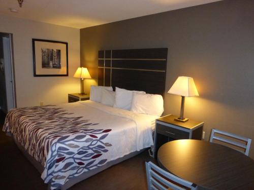 une chambre d'hôtel avec un lit et une table dans l'établissement Red Roof Inn Columbia, TN, à Columbia