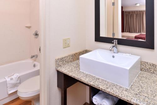 a bathroom with a sink and a toilet and a mirror at Red Roof Inn Champaign - University in Champaign