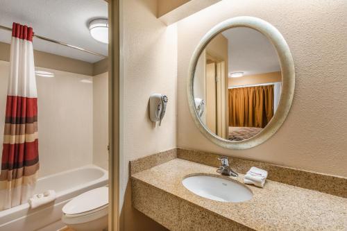 W łazience znajduje się umywalka, lustro i toaleta. w obiekcie Red Roof Inn Kalamazoo West - Western Michigan U w mieście Kalamazoo