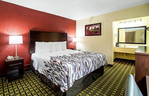 a hotel room with a bed and a mirror at Red Roof Inn & Suites Greenwood, SC in Greenwood