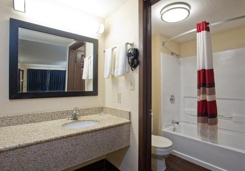 Un baño con lavabo, inodoro y espejo. en Red Roof Inn Corpus Christi South, en Corpus Christi