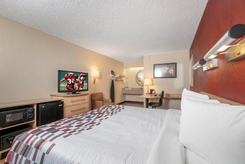 a hotel room with a bed and a flat screen tv at Red Roof Inn Syracuse in East Syracuse
