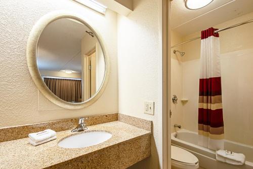 uma casa de banho com um lavatório, um espelho e um WC. em Red Roof Inn Harrisburg North em Harrisburg