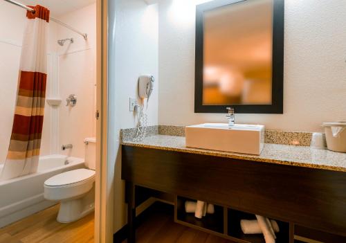 a bathroom with a sink and a toilet and a phone at Red Roof Inn PLUS + Boston - Framingham in Framingham