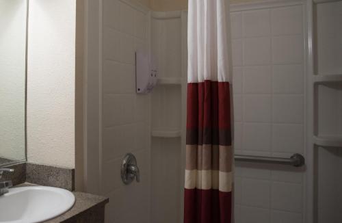 a bathroom with a shower curtain next to a sink at Red Roof Inn Blythe in Blythe