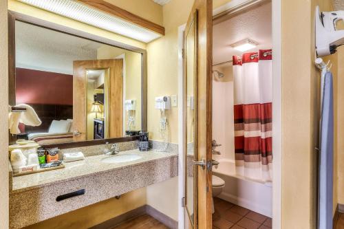 a bathroom with a sink and a toilet and a mirror at Red Roof Inn Amarillo West in Amarillo