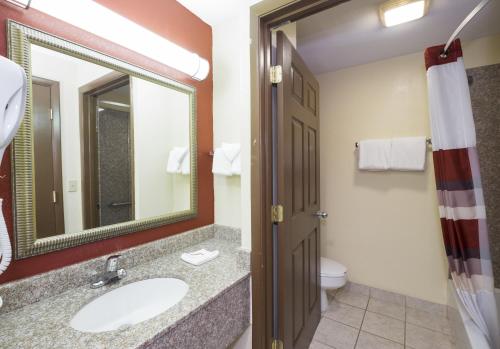 ein Badezimmer mit einem Waschbecken, einem Spiegel und einem WC in der Unterkunft Red Roof Inn & Suites Cincinnati North-Mason in Mason