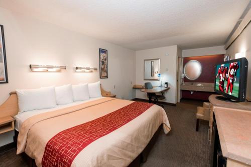 a hotel room with a large bed and a television at Red Roof Inn Buffalo - Hamburg/ I-90 in Hamburg