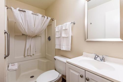 een badkamer met een toilet, een wastafel en een spiegel bij HomeTowne Studios by Red Roof Louisville in Louisville