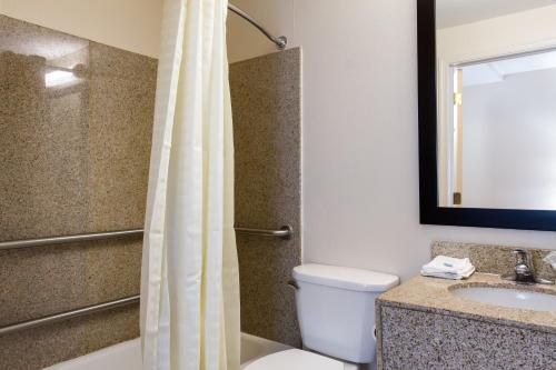 a bathroom with a shower and a toilet and a sink at Red Roof Inn York Downtown in York