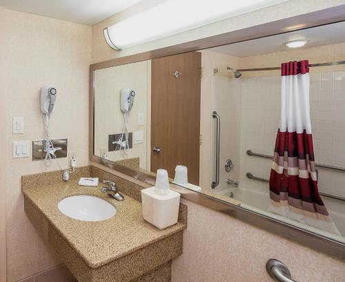 a bathroom with a sink and a large mirror at Red Roof Inn & Suites Mt Holly - McGuire AFB in Westampton Township