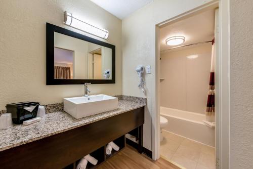 a bathroom with a sink and a toilet and a mirror at Red Roof Inn Marion, IN in Marion