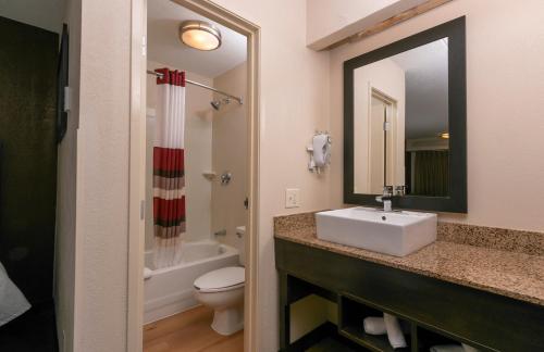 a bathroom with a sink and a toilet and a mirror at Red Roof Inn PLUS+ Columbus-Ohio State University OSU in Columbus