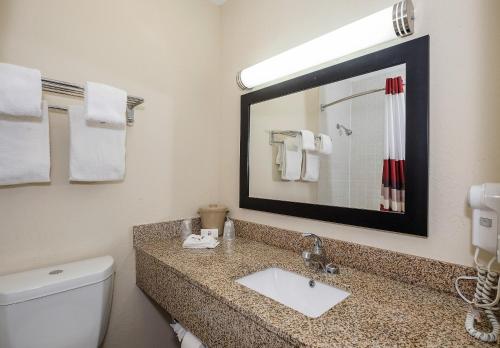 bagno con servizi igienici, lavandino e specchio di Red Roof Inn Dayton Huber Heights a Dayton