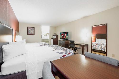 a hotel room with a bed and a desk at Red Roof Inn & Suites Rome in Rome