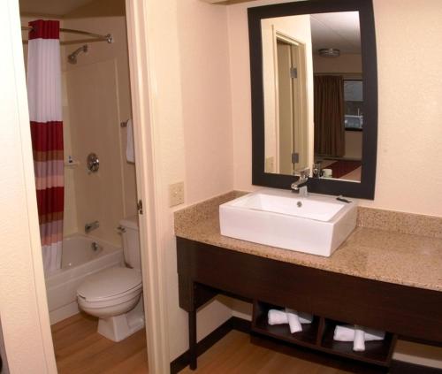 a bathroom with a sink and a toilet and a mirror at Red Roof Inn PLUS+ Henderson in Henderson