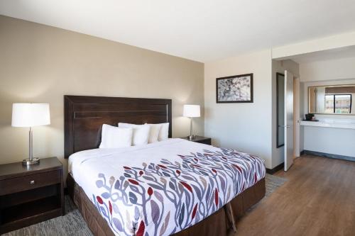 pokój hotelowy z łóżkiem i 2 lampami w obiekcie Red Roof Inn Tucson Downtown - University w mieście Tucson