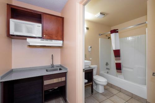 een kleine badkamer met een wastafel en een magnetron bij Red Roof Inn Valdosta - University in Valdosta