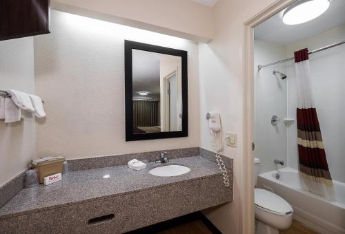 a bathroom with a sink and a toilet and a mirror at Red Roof Inn Cincinnati East - Beechmont in Cherry Grove