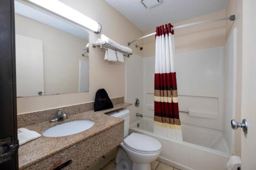 a bathroom with a sink and a toilet and a shower at Red Roof Inn Norfolk - Portsmouth in Portsmouth