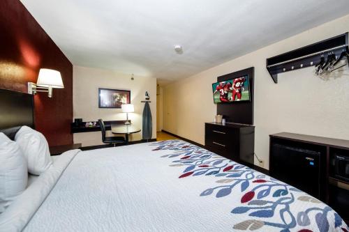 a hotel room with a bed and a desk at Red Roof Inn Jacksonville - Cruise Port in Jacksonville