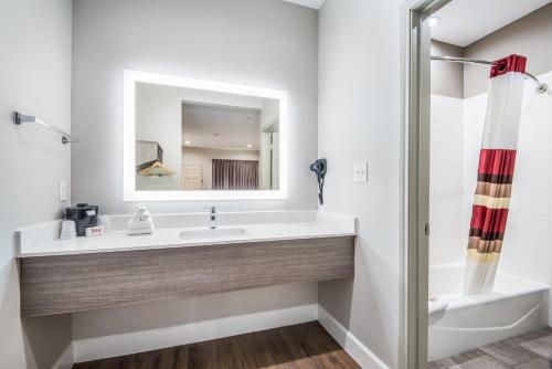 a bathroom with a sink and a mirror at Red Roof Inn Baytown in Baytown