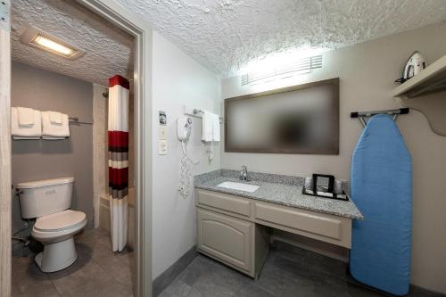 a bathroom with a toilet a sink and a tv at Red Roof Inn Monroe in Monroe