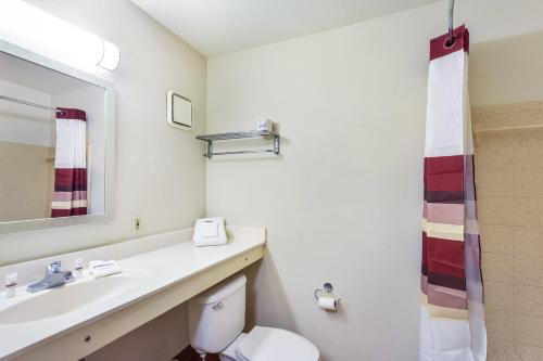 ein Badezimmer mit einem Waschbecken, einem WC und einem Spiegel in der Unterkunft HomeTowne Studios by Red Roof Dallas - North Addison - Tollway in Addison