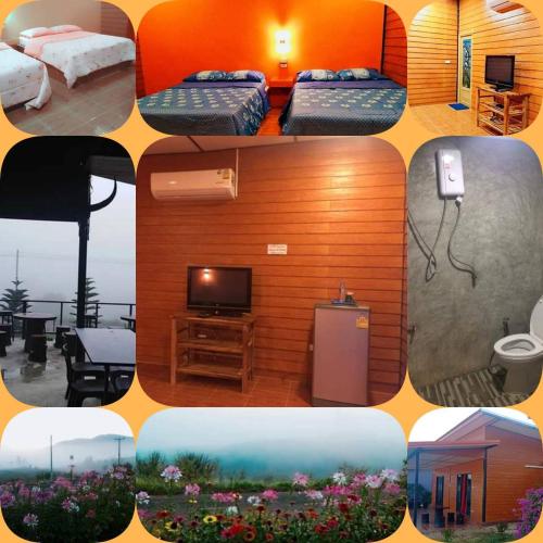 a collage of photos of a room with beds and a television at เฟรนด์แคมป์ in Khao Kho