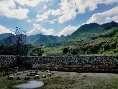 a stone wall with a bunch of sheep in a field at Lo Lo Homestay & Cafe Meo Vac in Mèo Vạc