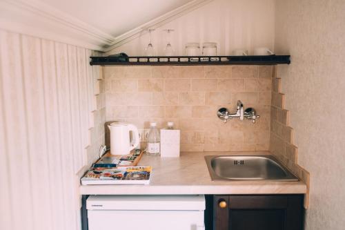 
a kitchen with a sink and a counter top at Hotel Usadba in Smolensk
