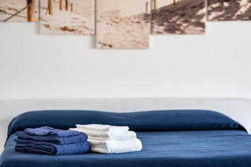 un mucchio di asciugamani seduti su un divano blu di Suite Milù a Cagliari