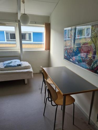 Stoholm的住宿－Stoholm Vandrehjem，客房设有桌子、床和窗户。