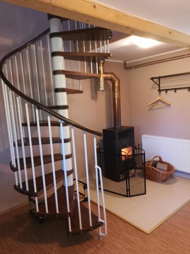a spiral staircase in a living room with a stove at Vetrovi šumijo II in Kapele