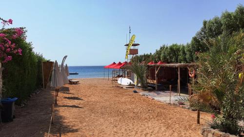 a sandy beach with umbrellas and the ocean at The Wind Farm in Dahab