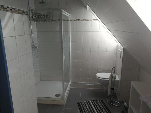 a white bathroom with a shower and a toilet at Ferienwohnung Möwe, Perle im Dreieck Bensersiel, Neuharlingersiel, Esens in Neuharlingersiel