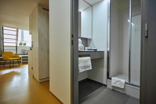 a bathroom with a shower and a glass door at Vita Sana Apartments&SPA in Zlín