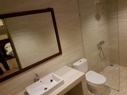 a bathroom with a sink and a toilet and a mirror at Lawu Forest Camp in Sarangan