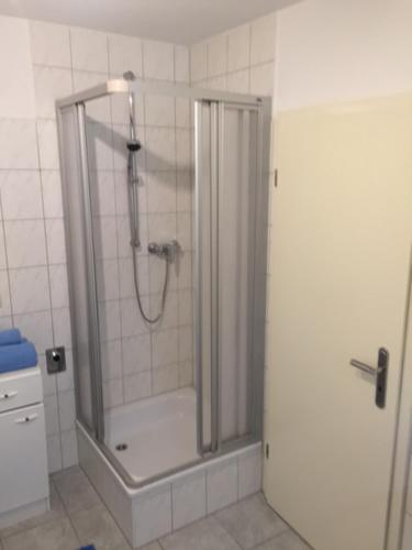 La salle de bains est pourvue d'une douche avec une porte en verre. dans l'établissement Altstadt-Ferienwohnung, à Tangermünde