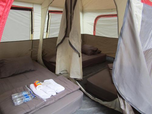 a small tent with two beds and water bottles in it at Lawu Forest Camp in Sarangan