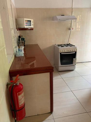 a kitchen with a stove and a red fire hydrant at Orchid Sunset Guest House in Baie Lazare Mahé