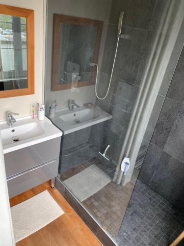 La salle de bains est pourvue d'un lavabo et d'une douche. dans l'établissement Appartement familial plein centre Hardelot Plage, à Hardelot-Plage